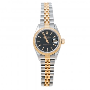 Pre Owned Rolex Black 18K Yellow Gold Stainless Steel Datejust 69173 Women's Wristwatch 26 mm