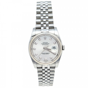Pre Owned Rolex Silver Diamond 18k White Gold Stainless Steel Datejust 116234 Women's Wristwatch 36 mm