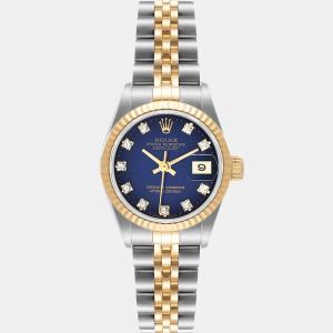 Pre Owned Rolex Blue Diamond 18k Yellow Gold And Stainless Steel Datejust 69173 Automatic Women's Wristwatch 26 mm