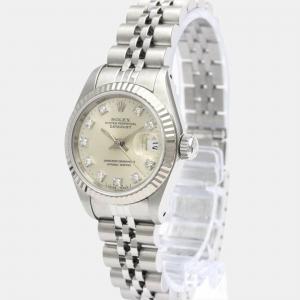 Pre Owned Rolex Silver Diamond 18k White Gold And Stainless Steel Datejust 69174 Automatic Women's Wristwatch 26 mm