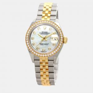 Rolex White Shell 18k Yellow Gold Stainless Steel Diamond Datejust Automatic Women's Wristwatch 28 mm
