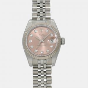 Rolex Pink 18k White Gold Stainless Steel Diamond Datejust 179174 Automatic Women's Wristwatch 26 mm