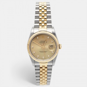 Pre Owned Rolex Champagne Diamond 18K Yellow Gold Stainless Steel Datejust 16233 Unisex Wristwatch 36 mm