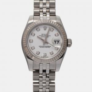 Rolex White Stainless Steel Diamond Datejust 179174 Automatic Women's Wristwatch 26 mm