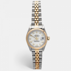 Pre Owned Rolex White Diamond 18k Yellow Gold Stainless Steel Datejust 69173 Women's Wristwatch 26 mm