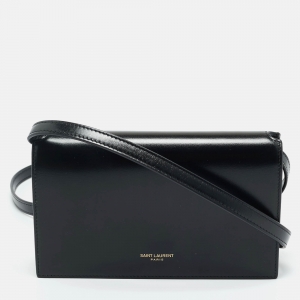Pre Owned Saint Laurent Black Glossy Leather Flap Wallet On Chain
