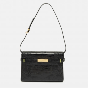 Pre Owned Saint Laurent Black Croc Embossed Leather Manhattan Shoulder Bag