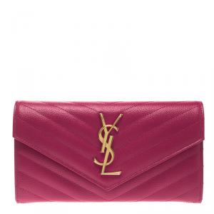 Pre Owned Saint Laurent Fuchsia Matelasse Leather Flap Wallet