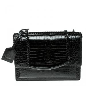 مملوكة مسبقًا حقيبة كتف سان لوران صن سيت جلد نقشة التمساح أسود متوسطة