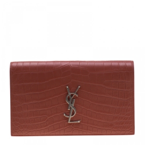 Pre Owned Saint Laurent Red Croc Embossed Leather Monogram Clutch 