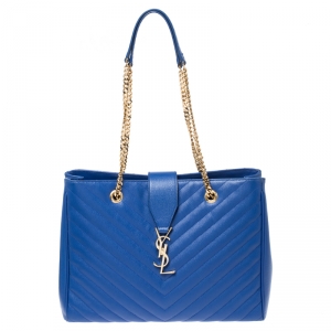 مملوكة مسبقًا Saint Laurent Electric Blue Matelasse Leather Cassandre Shopper Tote
