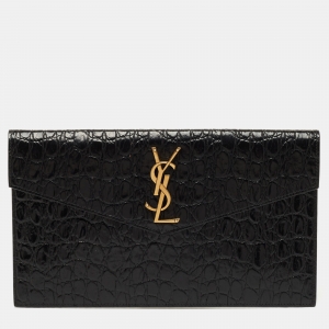 Saint Laurent Black Croc Embossed Leather Uptown Clutch
