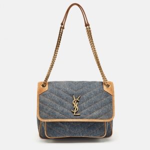 Saint Laurent Blue/Beige Matelasse Denim and Suede Medium Niki Shoulder Bag