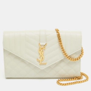 Saint Laurent Off White Mixed Quilted Leather Monogram Envelope Wallet On Chain