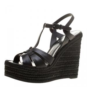 Pre Owned Saint Laurent Paris Black Leather Tribute Espadrilles Wedge Sandals Size 39