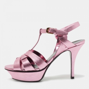 Saint Laurent Metallic Pink Leather Tribute Sandals Size 35.5