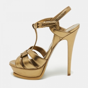 Saint Laurent Metallic Gold Leather Tribute Sandals Size 38