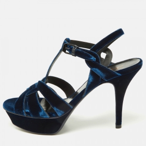 Saint Laurent Navy Blue Velvet Tribute Platform Ankle Strap Sandals Size 38
