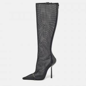 Saint Laurent Black Mesh and Leather Knee Length Boots Size 39