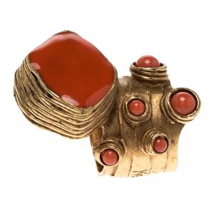 Pre Owned Saint Laurent Paris Arty Oval and Dots Enamel Gold Tone Ring Size 49