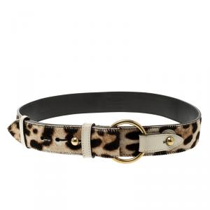 Pre Owned Saint Laurent Off White Leopard Print Calf Hair and Leather Belt 80cm