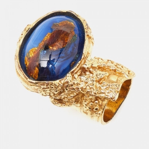 Saint Laurent Arty Blue Glass Cabochon Gold Tone Ring Size 52