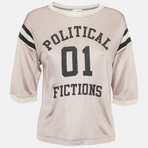 Saint Laurent Pink Varsity Print Jersey Crop T-Shirt S