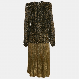Saint Laurent Black/Gold Fil Coupe and Lurex Blouse and Pleated Midi Skirt Set M/S