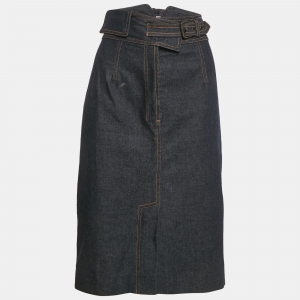 Saint Laurent Blue Denim Buckle Detail Midi Skirt L