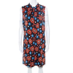 Saint Laurent Paris Black Floral Print High Neck  Draped Front Sleeveless Dress M