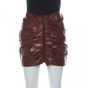 Saint Laurent Paris Brown Leather Ruched Ruffle Detail Mini Skirt S