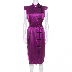 Yves Saint Laurent Purple Silk Mandarin Collar Belted Dress