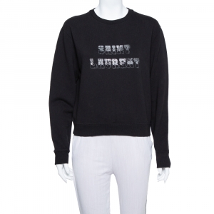 Saint Laurent Paris Black Knit Logo Foil Print Sweatshirt M