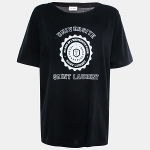 Saint Laurent Paris Black University Print Cotton T-Shirt L