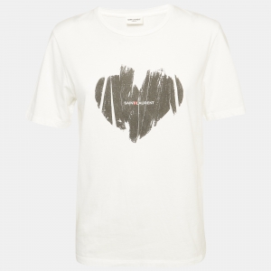 Saint Laurent White Heart Print Cotton T-Shirt XS
