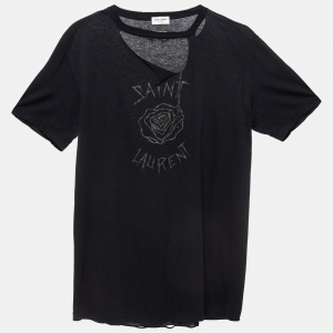 Saint Laurent Black Barbed Roses Cotton Ripped T-Shirt M