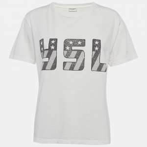 Saint Laurent White Logo Print Cotton T-Shirt S