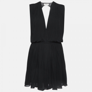 Saint Laurent Paris Black Draped Jersey Deep Neck Mini Dress L