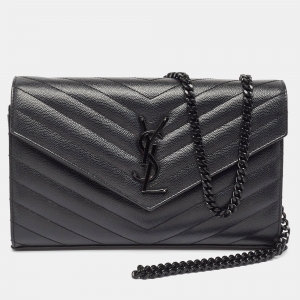 Saint Laurent Black Matelassé Leather Monogram Envelope Wallet On Chain