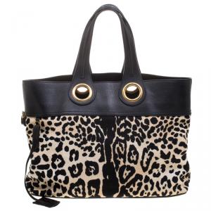مملوكة مسبقًا Saint Laurent Paris Black Leopard Print Canvas and Leather Palma Tote