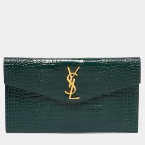 Saint Laurent Dark Green Croc Embossed Leather Uptown Clutch