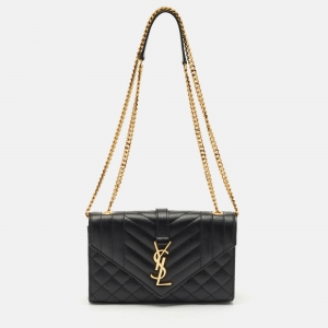 Saint Laurent Black Mixed Quilted Leather Small Envelope Flap Shoulder Bag