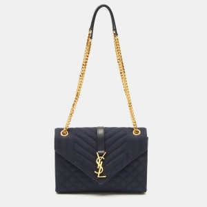 Saint Laurent Navy Blue Mix Matelassé Fabric Medium Envelope Shoulder Bag