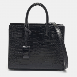 Saint Laurent Black Croc Embossed Leather Nano Classic Sac De Jour Tote