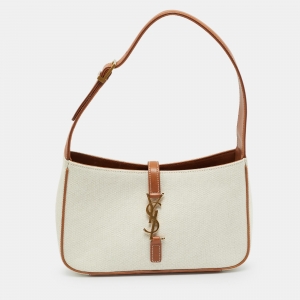 مملوكة مسبقًا حقيبة كتف سان لوران لو 5 أ 7 قماش وتان طبيعي وجلدي