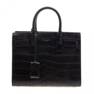 Pre Owned Saint Laurent Black Croc Embossed Leather Nano Classic Sac De Jour Tote