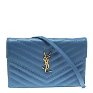 Pre Owned Saint Laurent Blue Matelasse Leather Envelope Chain Clutch