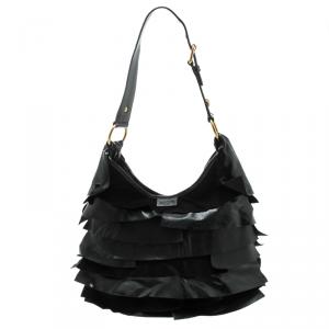 Saint Laurent Black Leather St. Tropez Ruffle Hobo