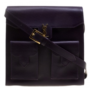 Pre Owned Saint Laurent Paris Purple Leather Double Pocket Crossbody Bag