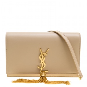 Pre Owned Saint Laurent Paris Beige Leather Kate Tassel Wallet On Chain